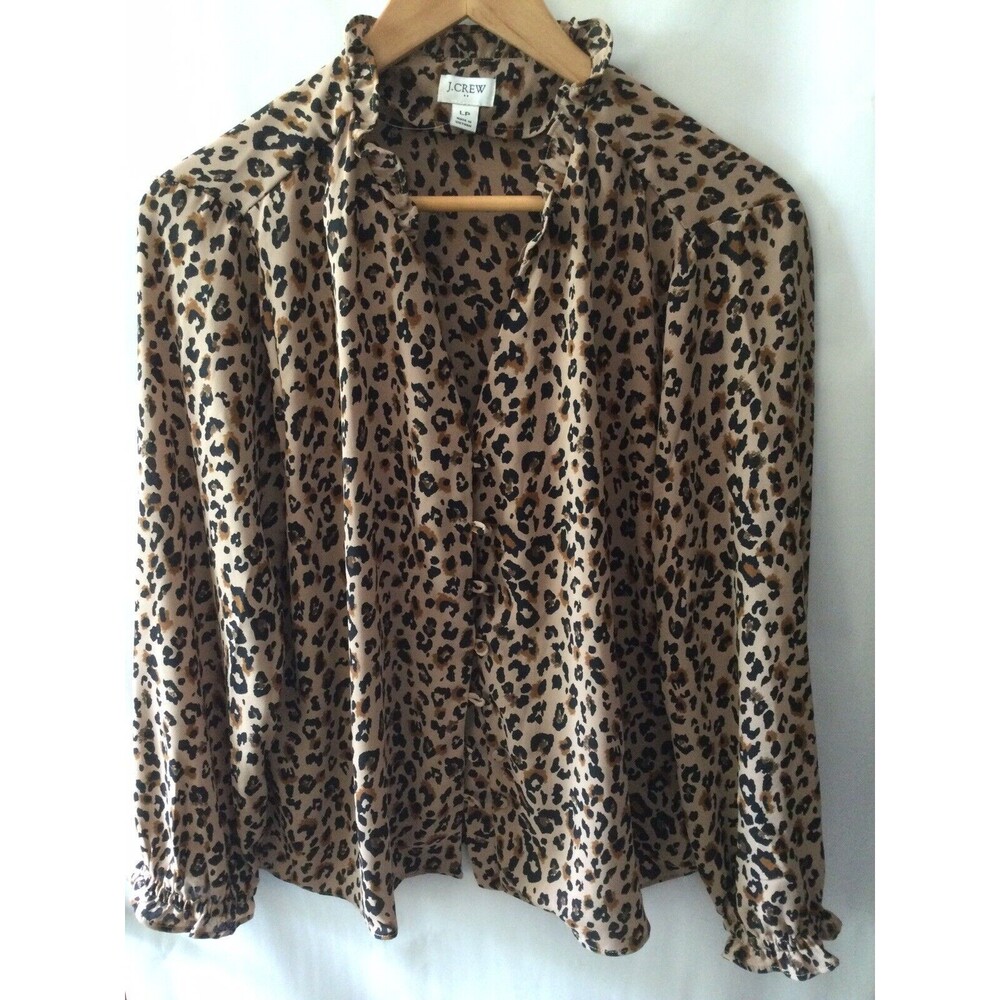 New J. Crew Women button-up Blouse Shirt Animal print ruffleneck $69 Size PL M